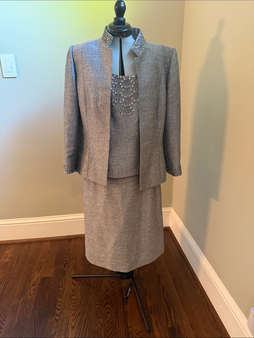 Women's Gray Embellished Skirt Suit Jacket & Dress Set